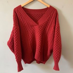 Sense Of Place Cherry red oversized chunky V-neck cable knit sweater